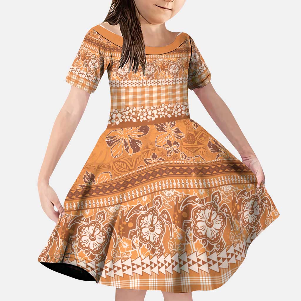 Hawaiian Hibiscus Honu Family Matching Off The Shoulder Long Sleeve Dress and Hawaiian Shirt Gold Mele Kalikimaka Palaka Spirit LT9 Daughter's Dress Gold - Polynesian Pride