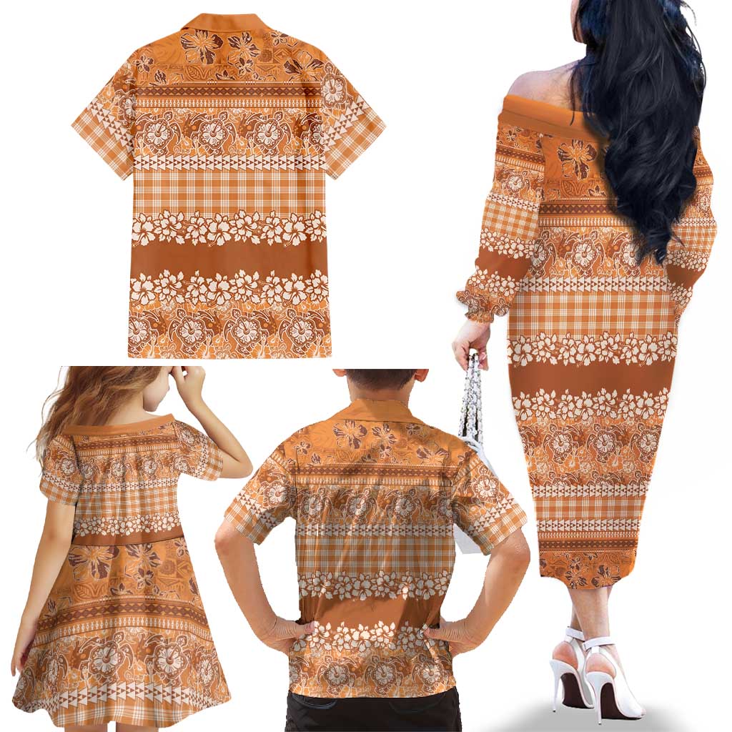 Hawaiian Hibiscus Honu Family Matching Off The Shoulder Long Sleeve Dress and Hawaiian Shirt Gold Mele Kalikimaka Palaka Spirit LT9 - Polynesian Pride
