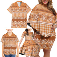 Hawaiian Hibiscus Honu Family Matching Off Shoulder Short Dress and Hawaiian Shirt Gold Mele Kalikimaka Palaka Spirit LT9 - Polynesian Pride
