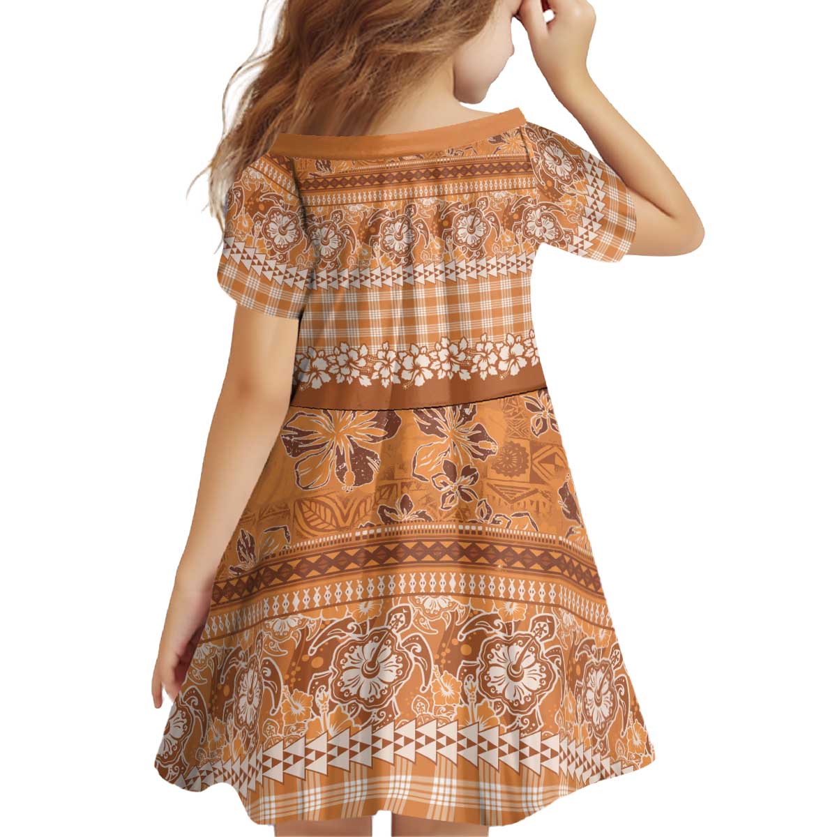 Hawaiian Hibiscus Honu Kid Short Sleeve Dress Gold Mele Kalikimaka Palaka Spirit - Polynesian Pride