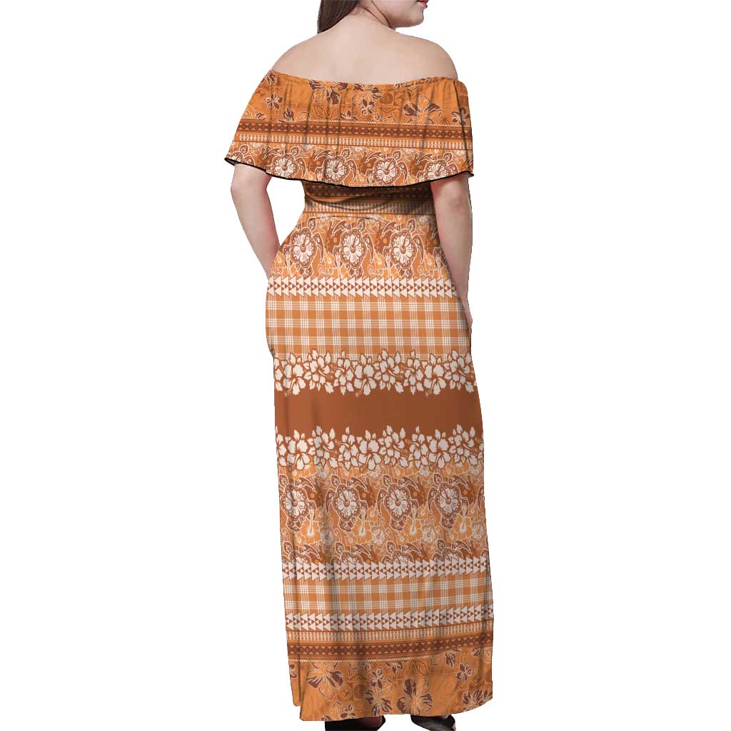 Hawaiian Hibiscus Honu Off Shoulder Maxi Dress Gold Mele Kalikimaka Palaka Spirit - Polynesian Pride