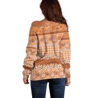 Hawaiian Hibiscus Honu Off Shoulder Sweater Gold Mele Kalikimaka Palaka Spirit - Polynesian Pride