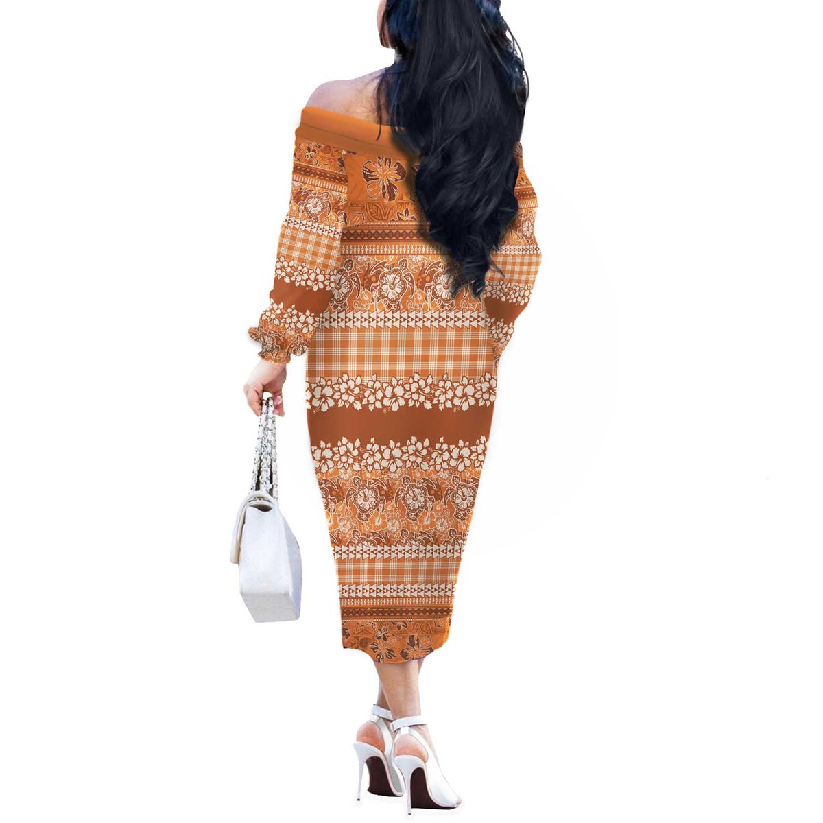 Hawaiian Hibiscus Honu Off The Shoulder Long Sleeve Dress Gold Mele Kalikimaka Palaka Spirit - Polynesian Pride