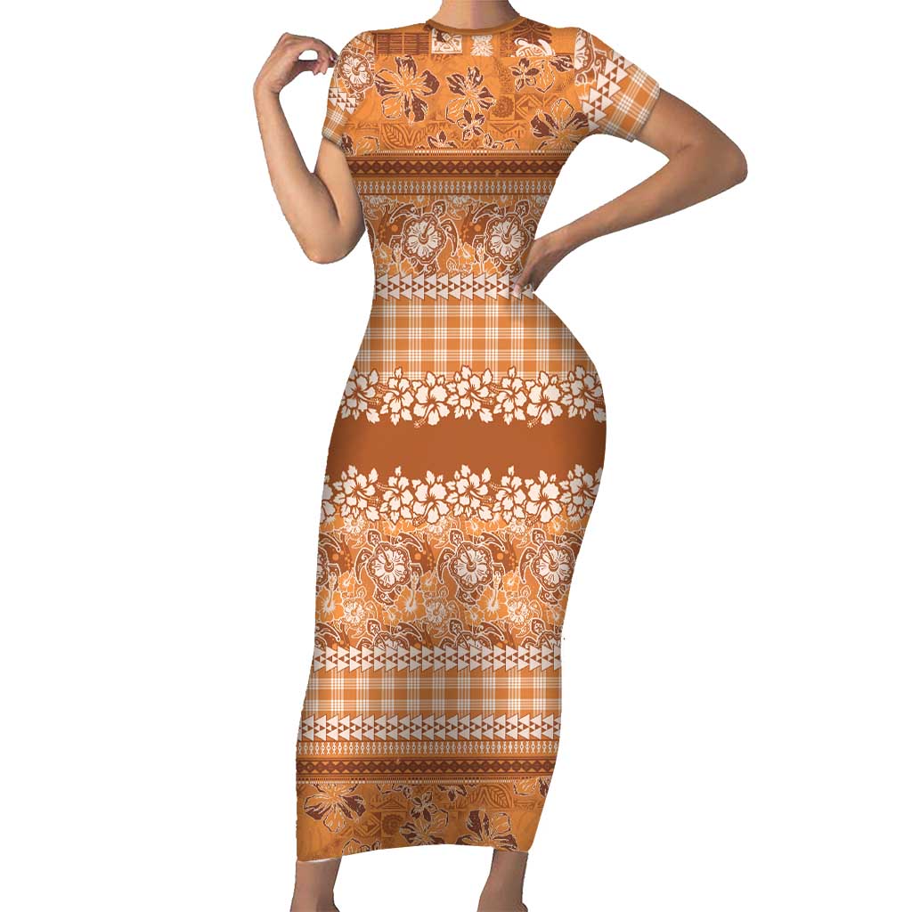 Hawaiian Hibiscus Honu Short Sleeve Bodycon Dress Gold Mele Kalikimaka Palaka Spirit - Polynesian Pride