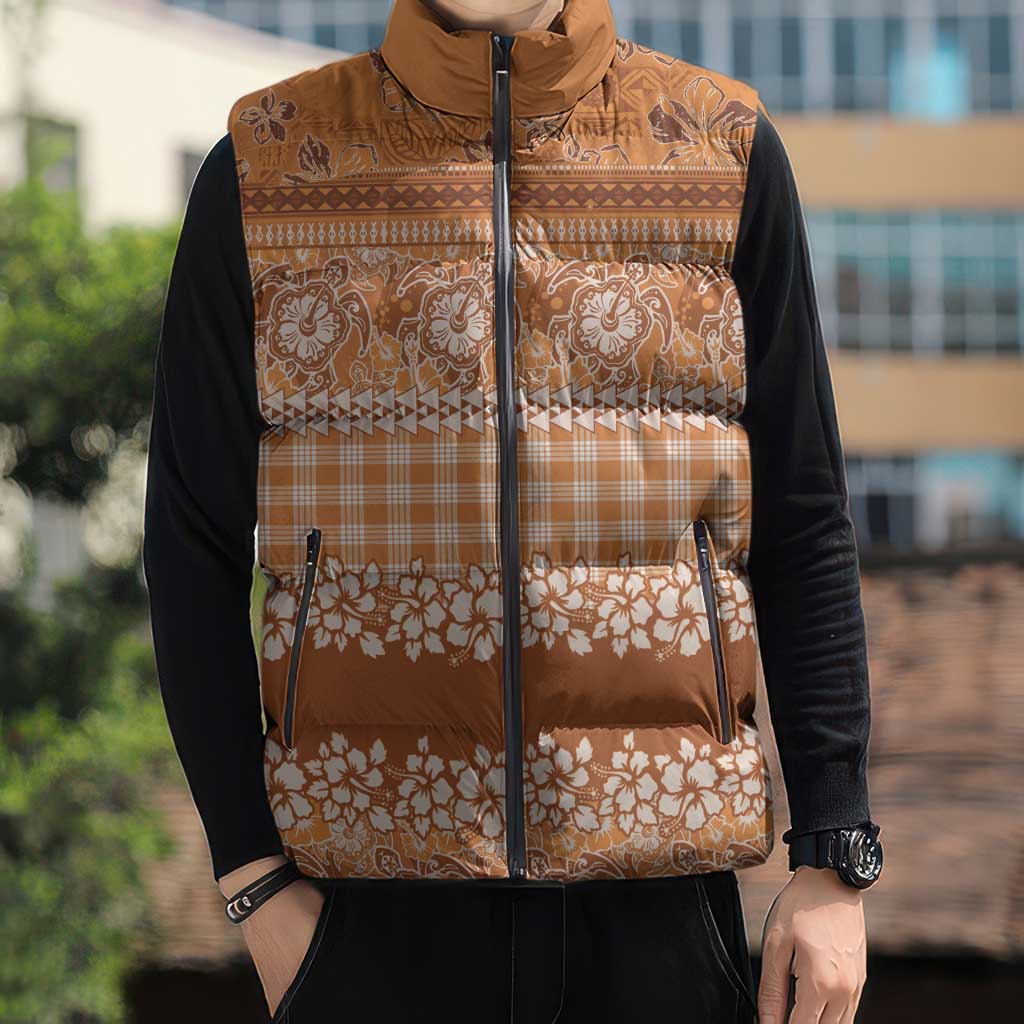 Hawaiian Hibiscus Honu Sleeveless Puffer Jacket Gold Mele Kalikimaka Palaka Spirit - Polynesian Pride