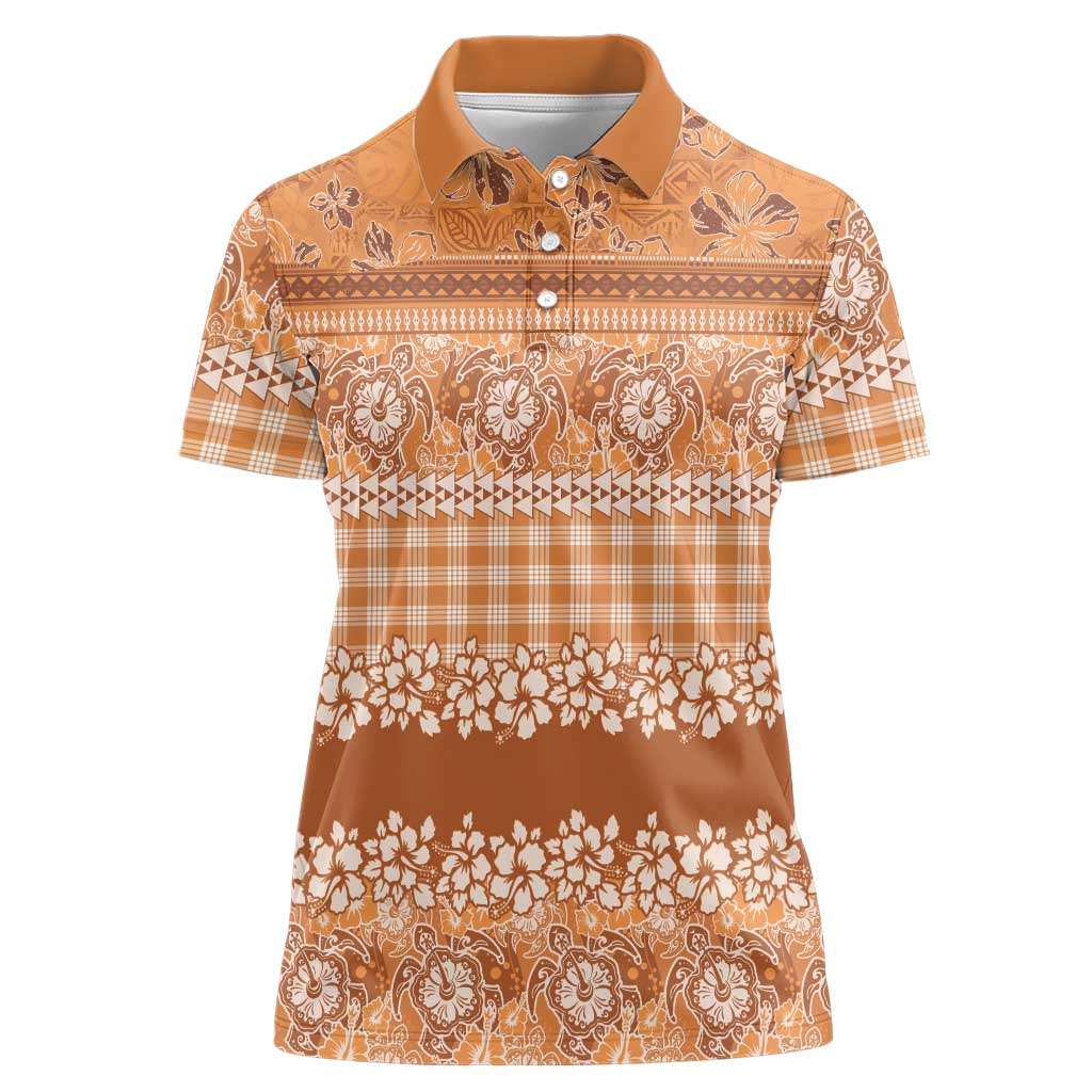 Hawaiian Hibiscus Honu Women Polo Shirt Gold Mele Kalikimaka Palaka Spirit - Polynesian Pride