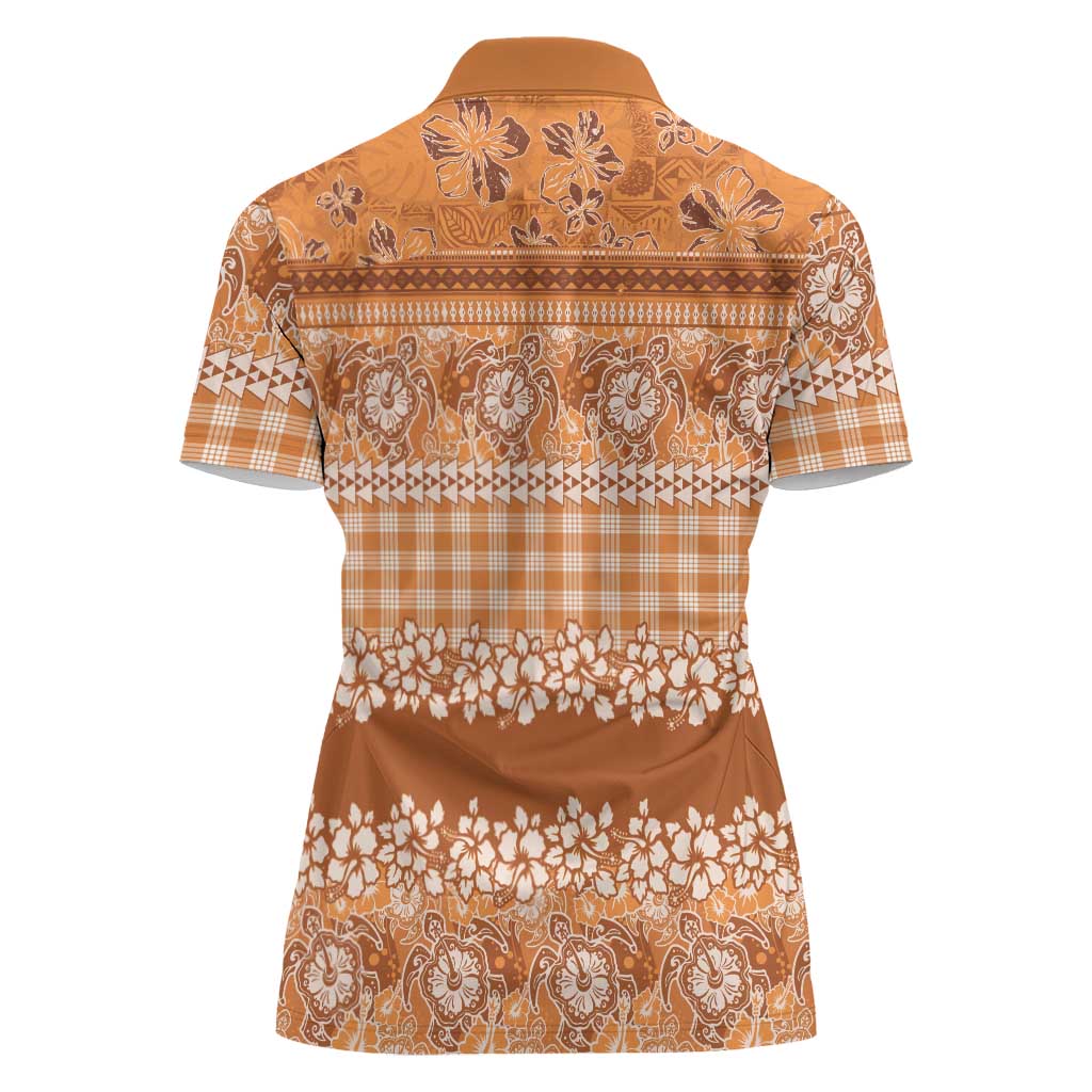 Hawaiian Hibiscus Honu Women Polo Shirt Gold Mele Kalikimaka Palaka Spirit LT9 - Polynesian Pride