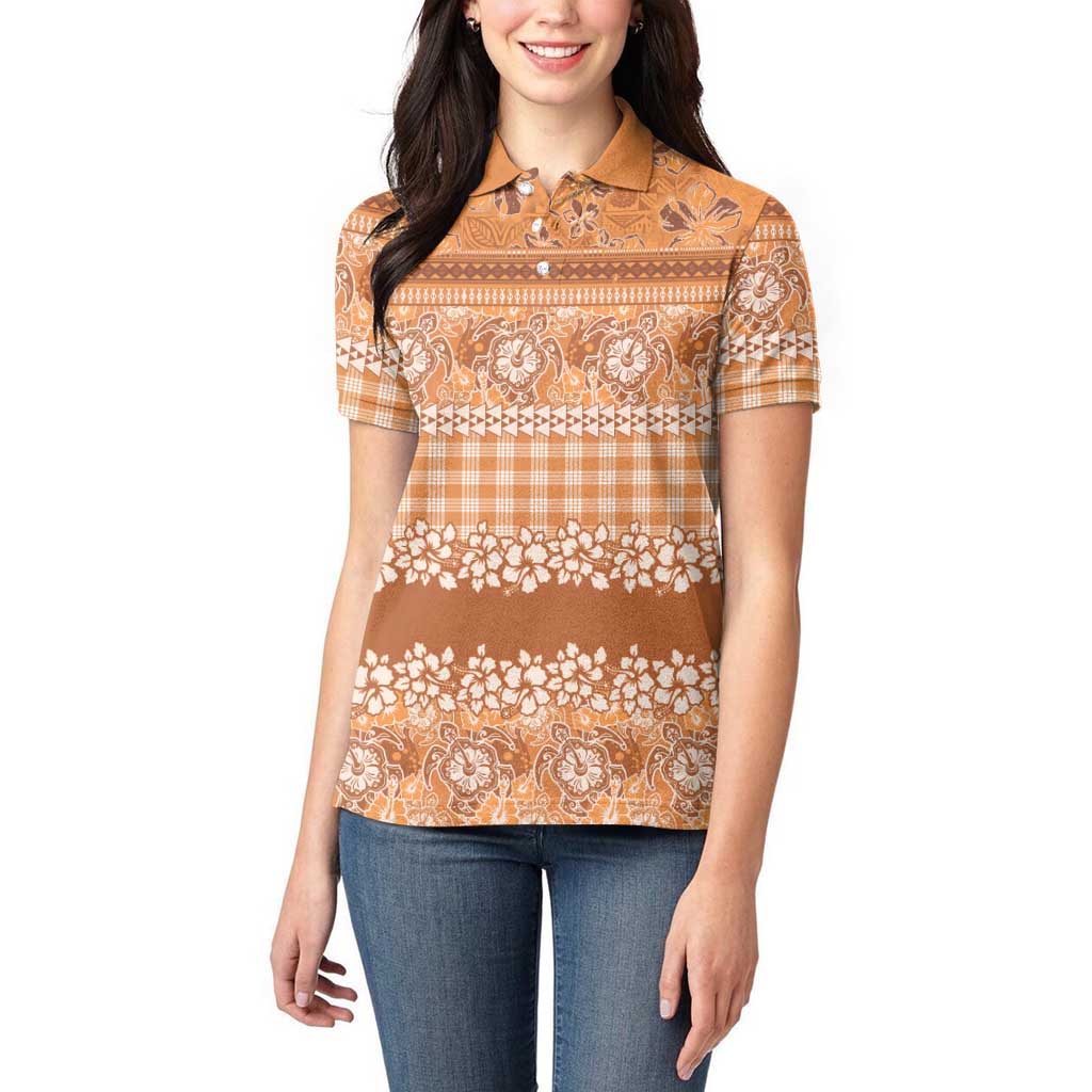 Hawaiian Hibiscus Honu Women Polo Shirt Gold Mele Kalikimaka Palaka Spirit LT9 - Polynesian Pride