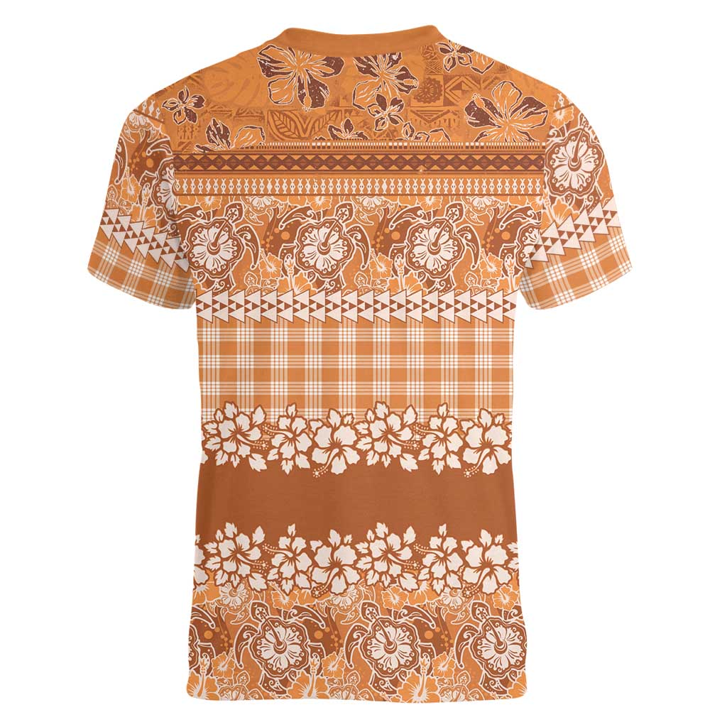Hawaiian Hibiscus Honu Women V-Neck T-Shirt Gold Mele Kalikimaka Palaka Spirit LT9 - Polynesian Pride