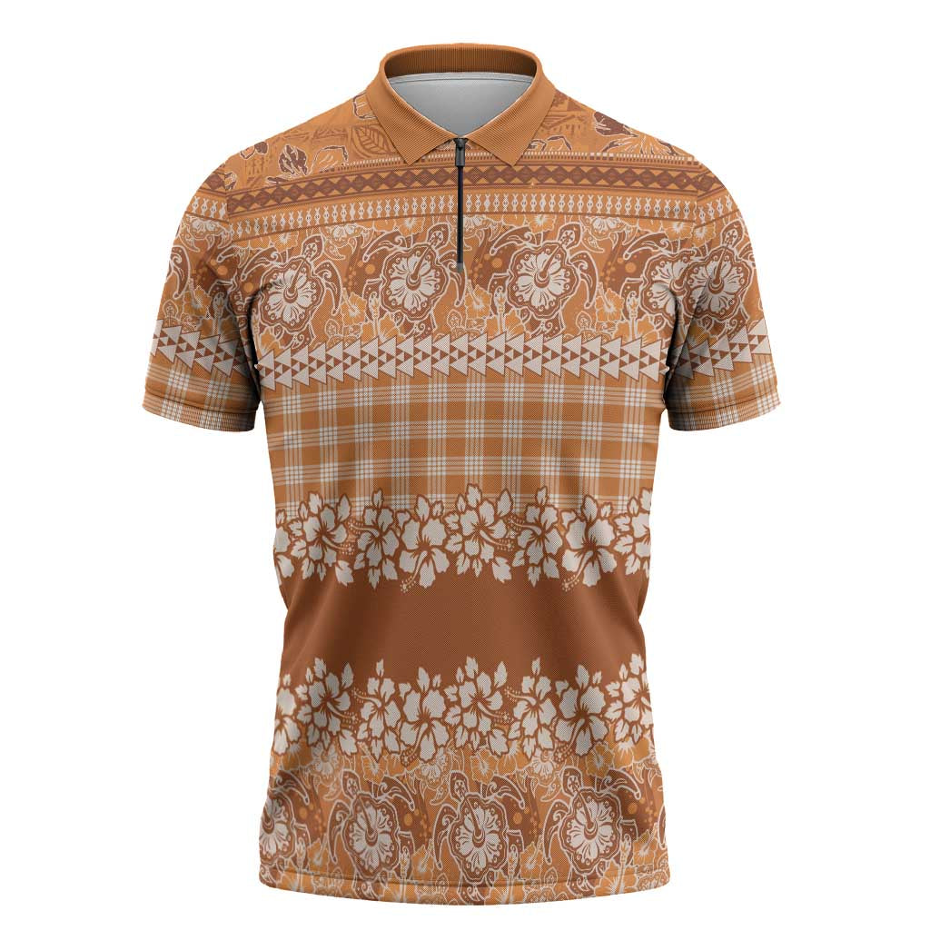 Hawaiian Hibiscus Honu Zipper Polo Shirt Gold Mele Kalikimaka Palaka Spirit - Polynesian Pride