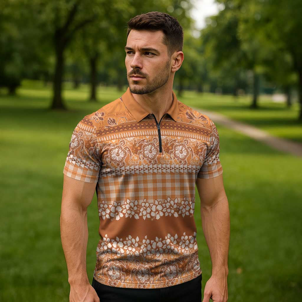 Hawaiian Hibiscus Honu Zipper Polo Shirt Gold Mele Kalikimaka Palaka Spirit - Polynesian Pride