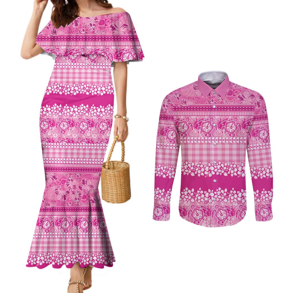 Hawaiian Hibiscus Honu Couples Matching Mermaid Dress and Long Sleeve Button Shirt Pink Mele Kalikimaka Palaka Spirit - Polynesian Pride