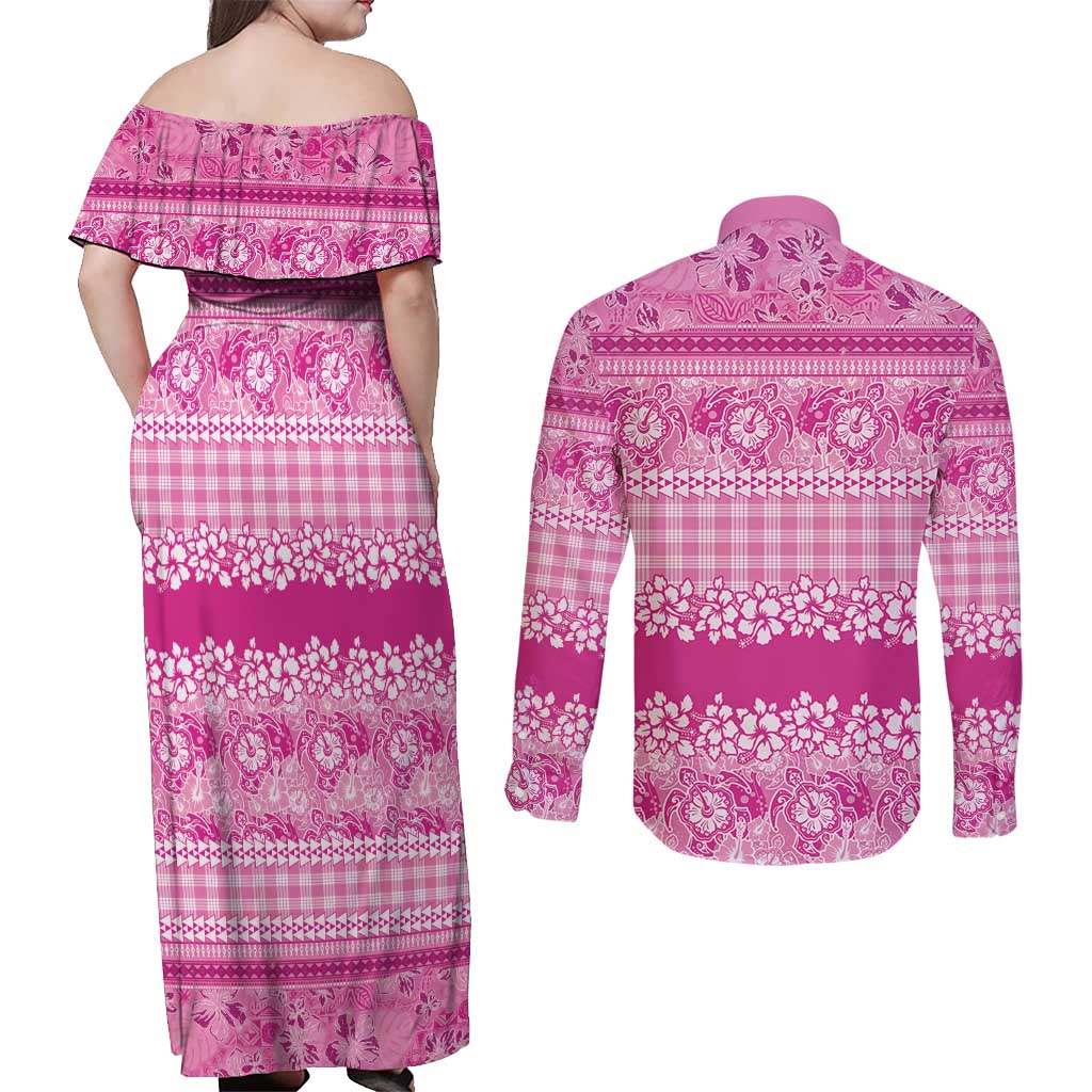 Hawaiian Hibiscus Honu Couples Matching Off Shoulder Maxi Dress and Long Sleeve Button Shirt Pink Mele Kalikimaka Palaka Spirit LT9 - Polynesian Pride