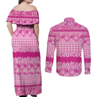 Hawaiian Hibiscus Honu Couples Matching Off Shoulder Maxi Dress and Long Sleeve Button Shirt Pink Mele Kalikimaka Palaka Spirit LT9 - Polynesian Pride