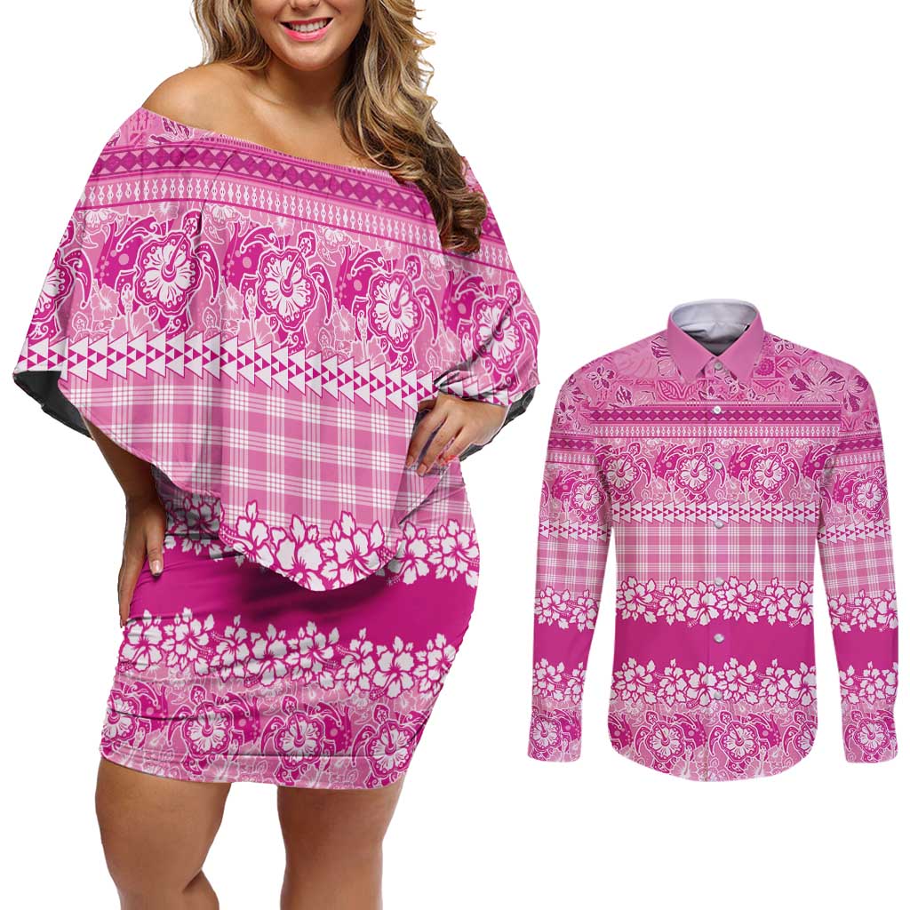 Hawaiian Hibiscus Honu Couples Matching Off Shoulder Short Dress and Long Sleeve Button Shirt Pink Mele Kalikimaka Palaka Spirit - Polynesian Pride