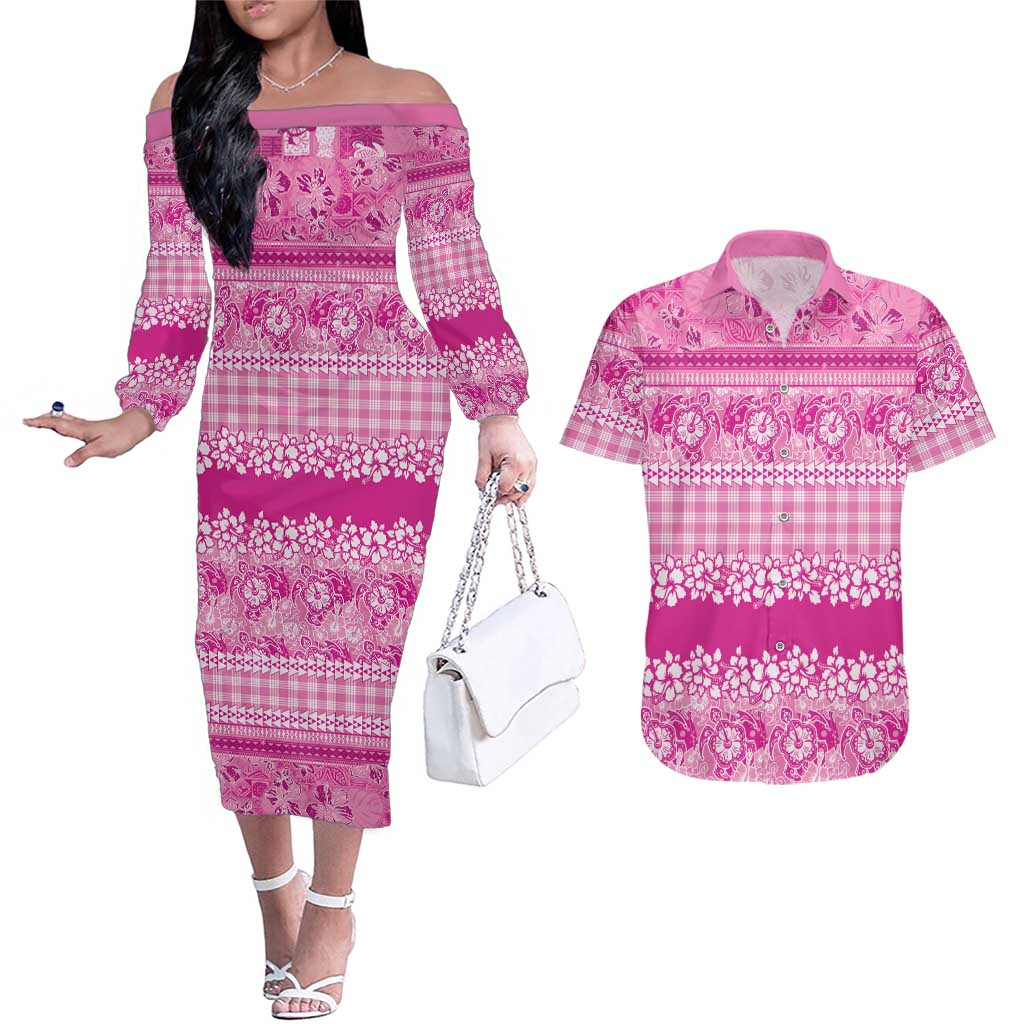 Hawaiian Hibiscus Honu Couples Matching Off The Shoulder Long Sleeve Dress and Hawaiian Shirt Pink Mele Kalikimaka Palaka Spirit LT9 Pink - Polynesian Pride