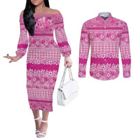 Hawaiian Hibiscus Honu Couples Matching Off The Shoulder Long Sleeve Dress and Long Sleeve Button Shirt Pink Mele Kalikimaka Palaka Spirit LT9 Pink - Polynesian Pride
