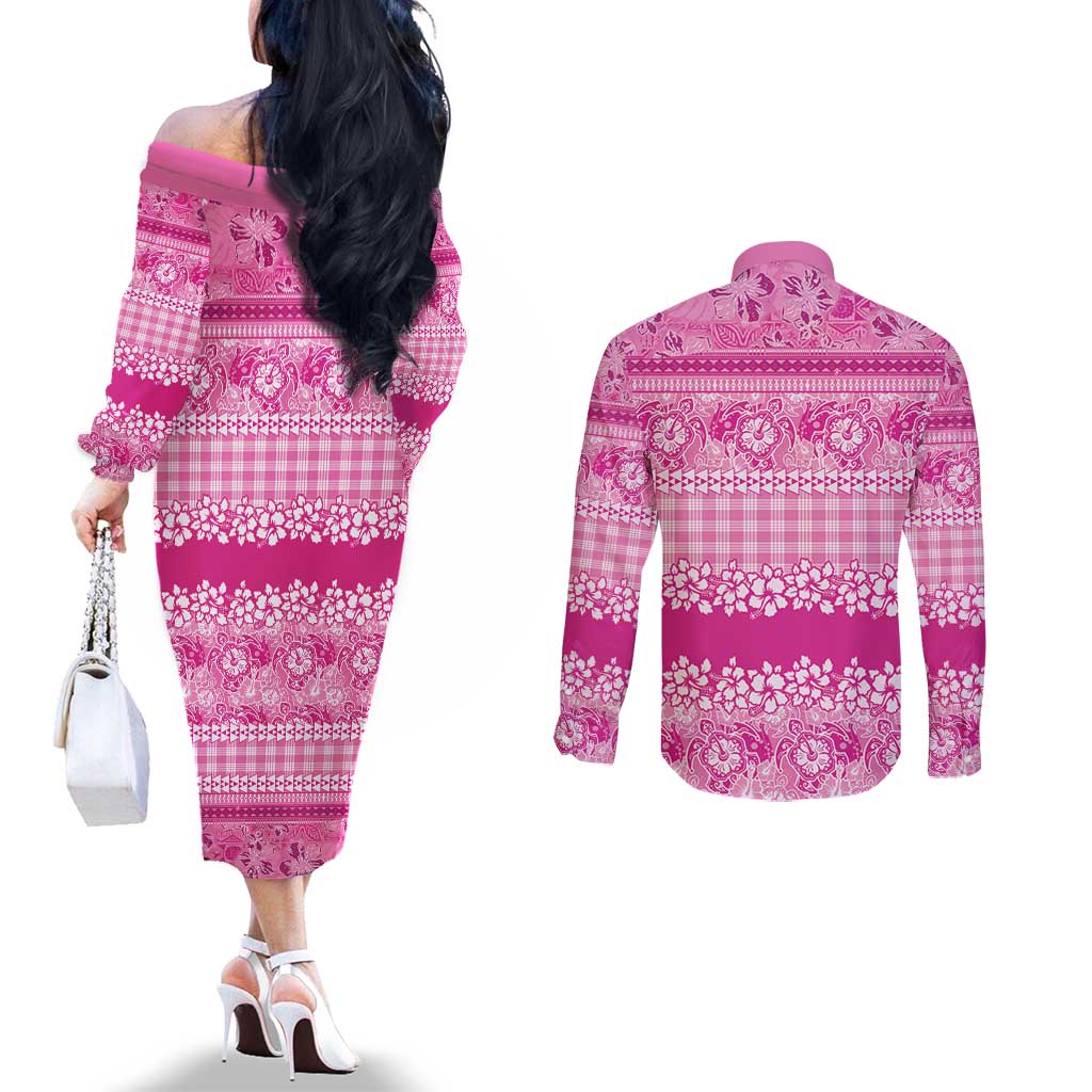 Hawaiian Hibiscus Honu Couples Matching Off The Shoulder Long Sleeve Dress and Long Sleeve Button Shirt Pink Mele Kalikimaka Palaka Spirit LT9 - Polynesian Pride