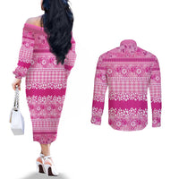 Hawaiian Hibiscus Honu Couples Matching Off The Shoulder Long Sleeve Dress and Long Sleeve Button Shirt Pink Mele Kalikimaka Palaka Spirit LT9 - Polynesian Pride