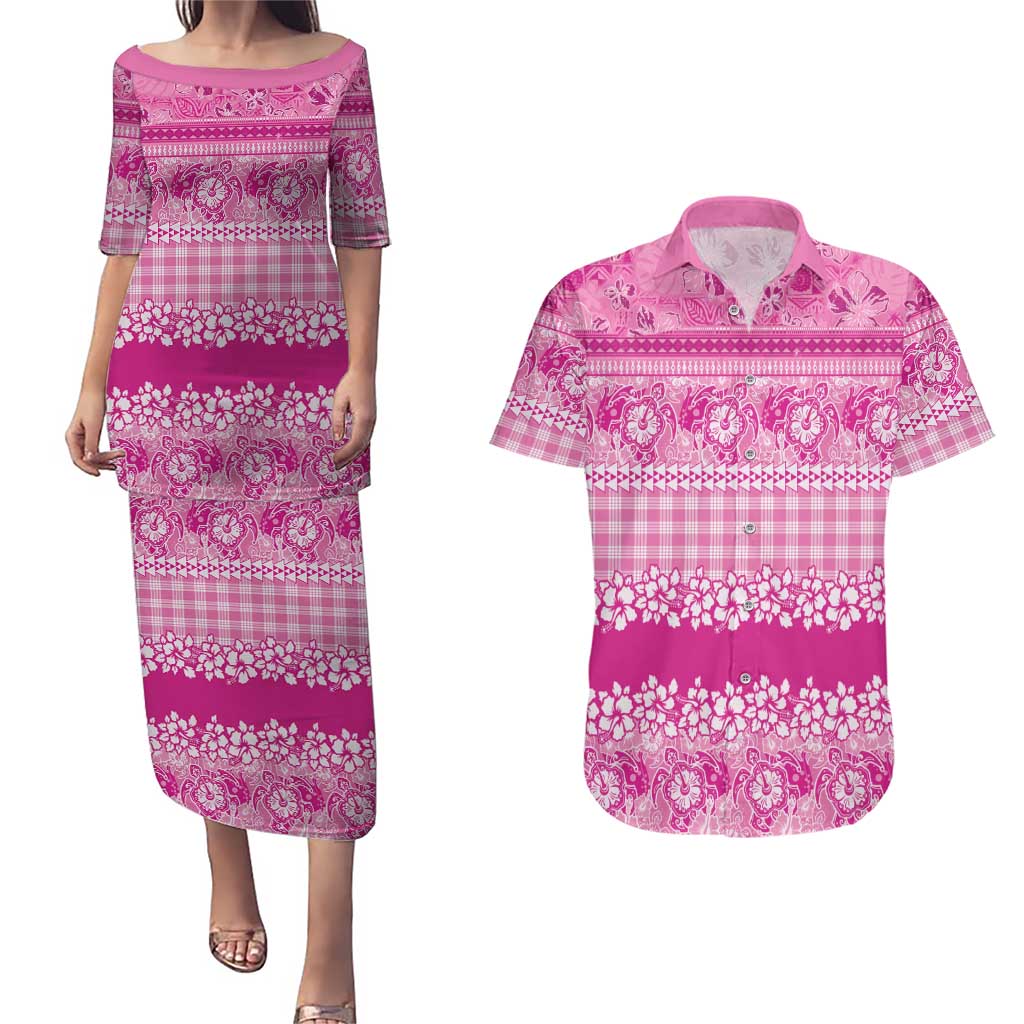 Hawaiian Hibiscus Honu Couples Matching Puletasi and Hawaiian Shirt Pink Mele Kalikimaka Palaka Spirit - Polynesian Pride