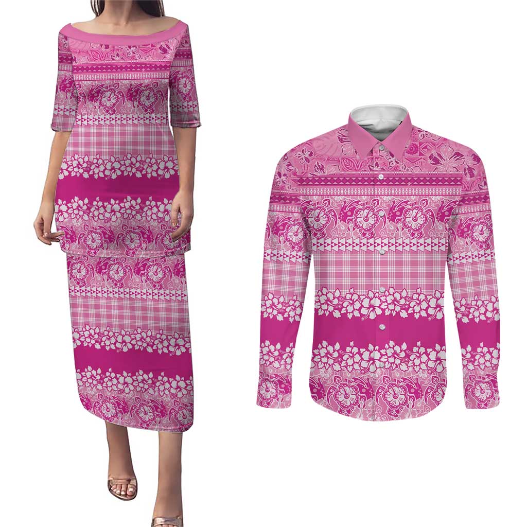 Hawaiian Hibiscus Honu Couples Matching Puletasi and Long Sleeve Button Shirt Pink Mele Kalikimaka Palaka Spirit - Polynesian Pride