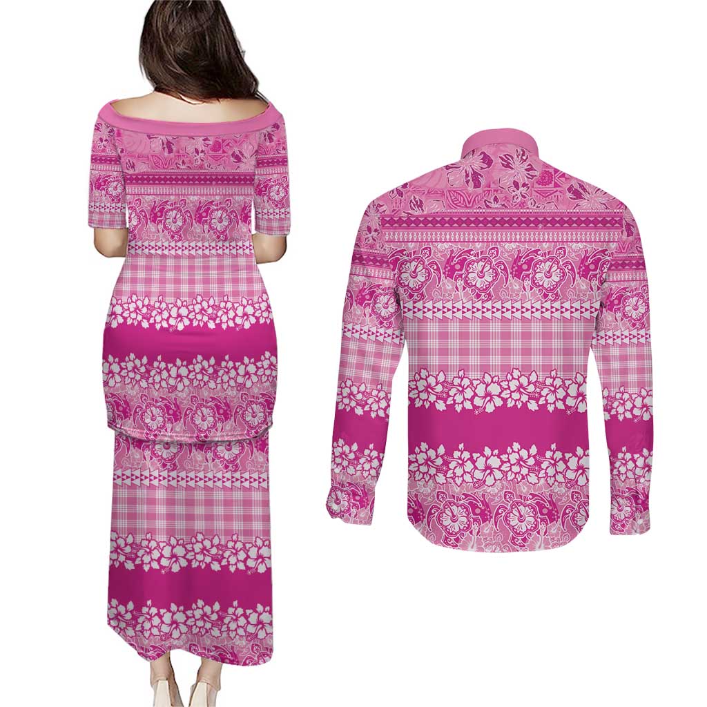 Hawaiian Hibiscus Honu Couples Matching Puletasi and Long Sleeve Button Shirt Pink Mele Kalikimaka Palaka Spirit - Polynesian Pride