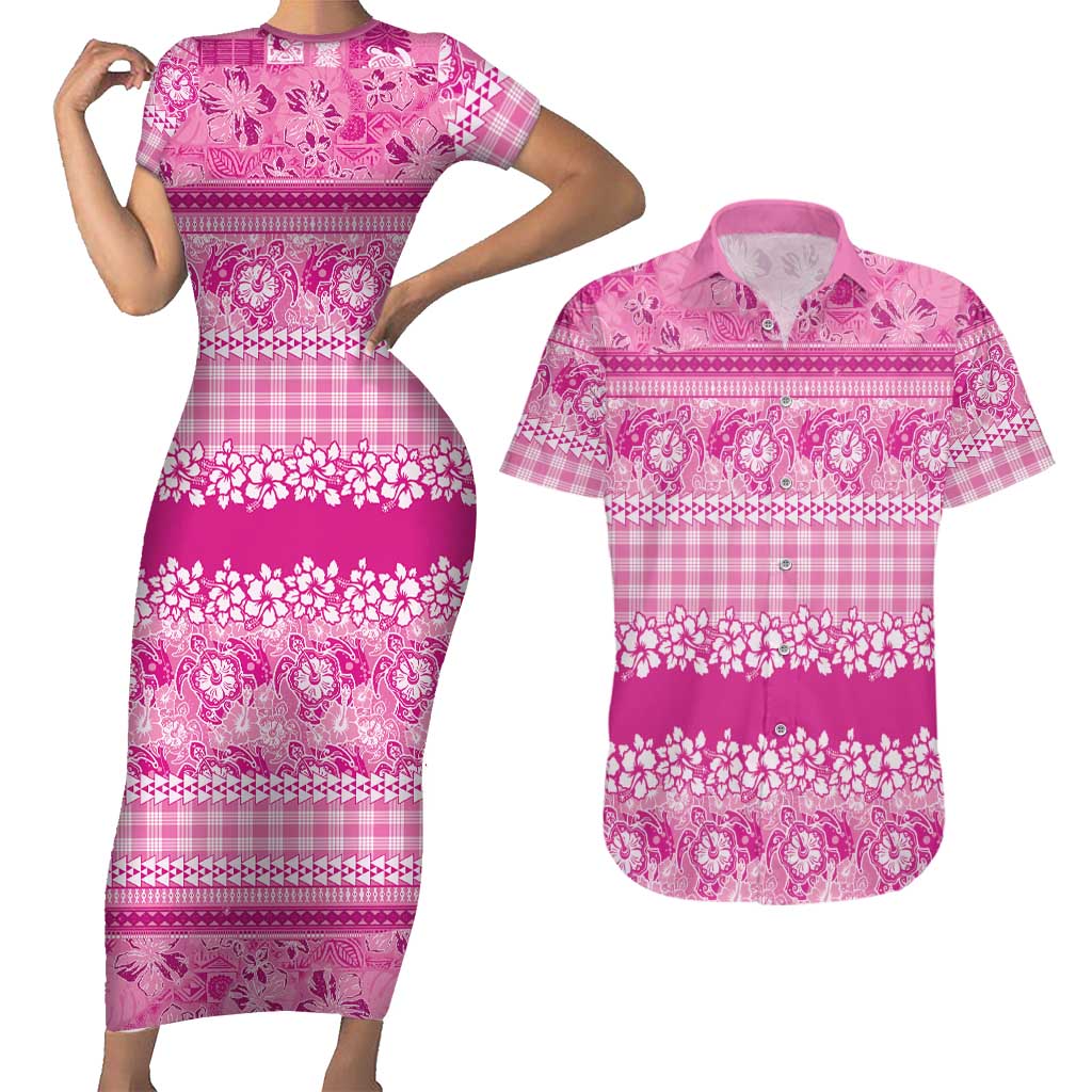 Hawaiian Hibiscus Honu Couples Matching Short Sleeve Bodycon Dress and Hawaiian Shirt Pink Mele Kalikimaka Palaka Spirit LT9 Pink - Polynesian Pride