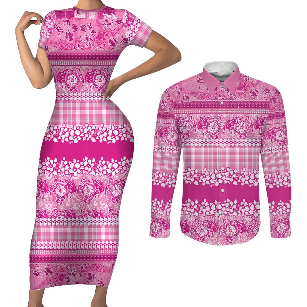Hawaiian Hibiscus Honu Couples Matching Short Sleeve Bodycon Dress and Long Sleeve Button Shirt Pink Mele Kalikimaka Palaka Spirit - Polynesian Pride