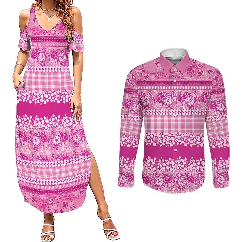 Hawaiian Hibiscus Honu Couples Matching Summer Maxi Dress and Long Sleeve Button Shirt Pink Mele Kalikimaka Palaka Spirit - Polynesian Pride
