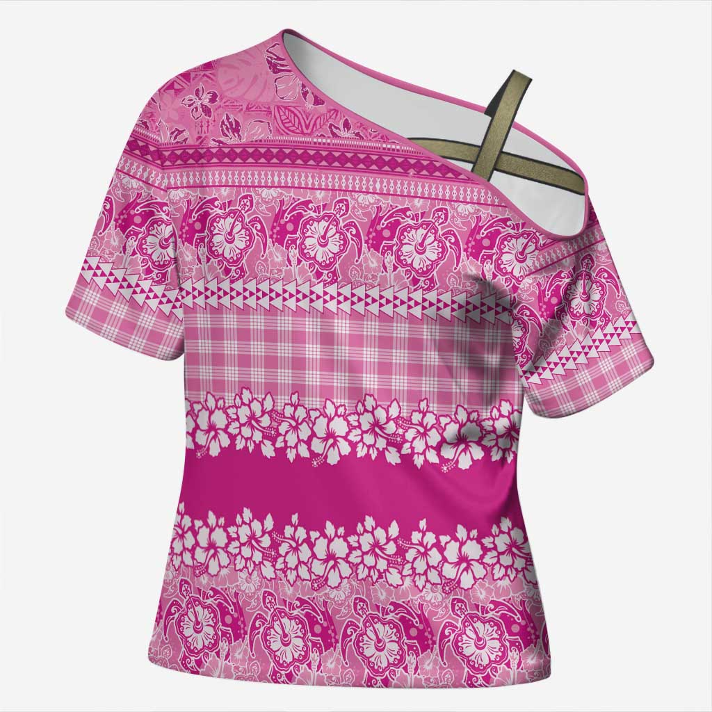 Hawaiian Hibiscus Honu Cross Shoulder Shirt Pink Mele Kalikimaka Palaka Spirit - Polynesian Pride
