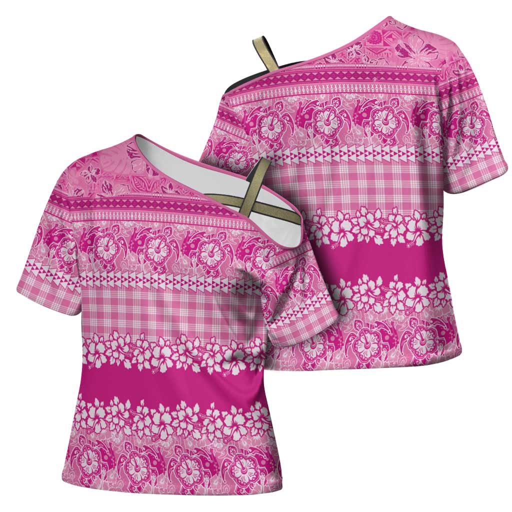 Hawaiian Hibiscus Honu Cross Shoulder Shirt Pink Mele Kalikimaka Palaka Spirit - Polynesian Pride