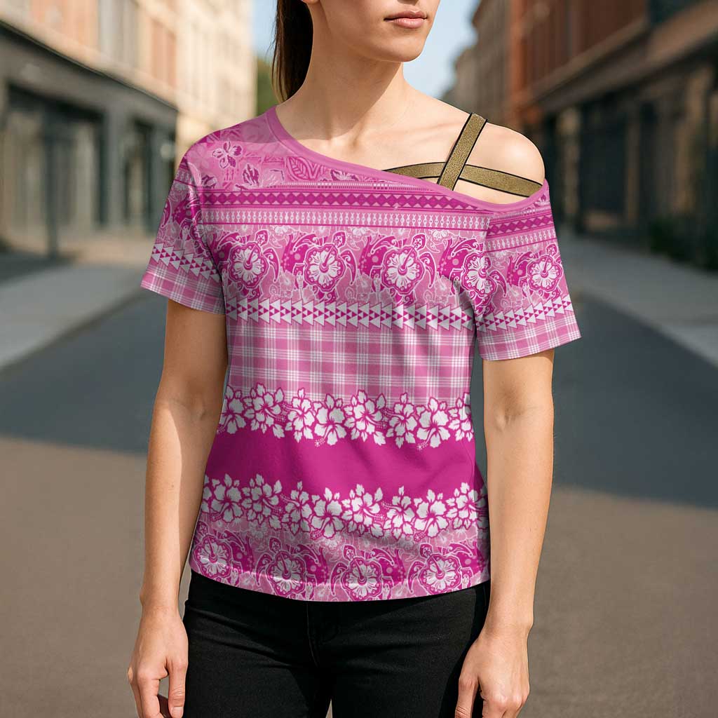 Hawaiian Hibiscus Honu Cross Shoulder Shirt Pink Mele Kalikimaka Palaka Spirit - Polynesian Pride