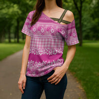 Hawaiian Hibiscus Honu Cross Shoulder Shirt Pink Mele Kalikimaka Palaka Spirit - Polynesian Pride
