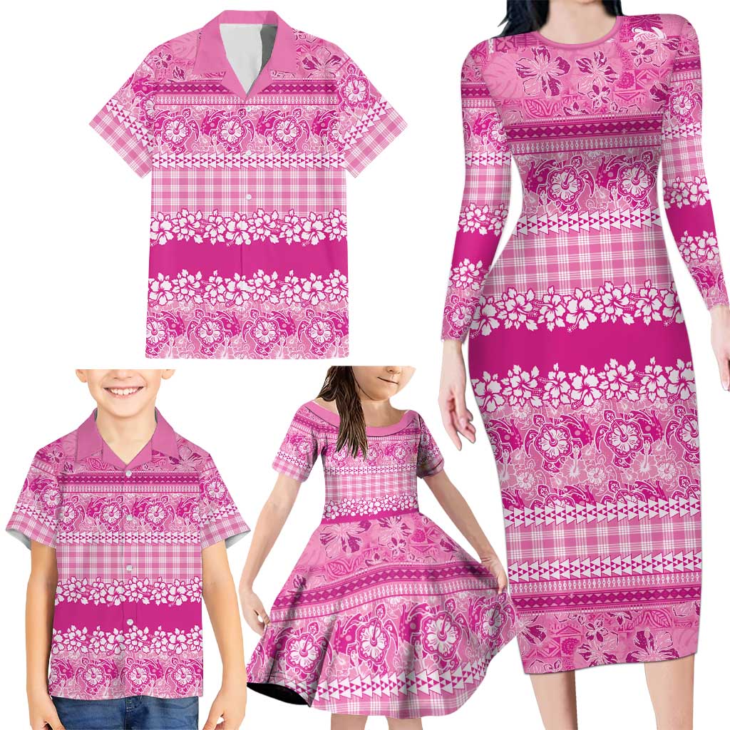 Hawaiian Hibiscus Honu Family Matching Long Sleeve Bodycon Dress and Hawaiian Shirt Pink Mele Kalikimaka Palaka Spirit LT9 - Polynesian Pride