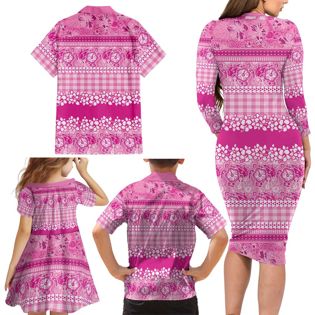 Hawaiian Hibiscus Honu Family Matching Long Sleeve Bodycon Dress and Hawaiian Shirt Pink Mele Kalikimaka Palaka Spirit LT9 - Polynesian Pride