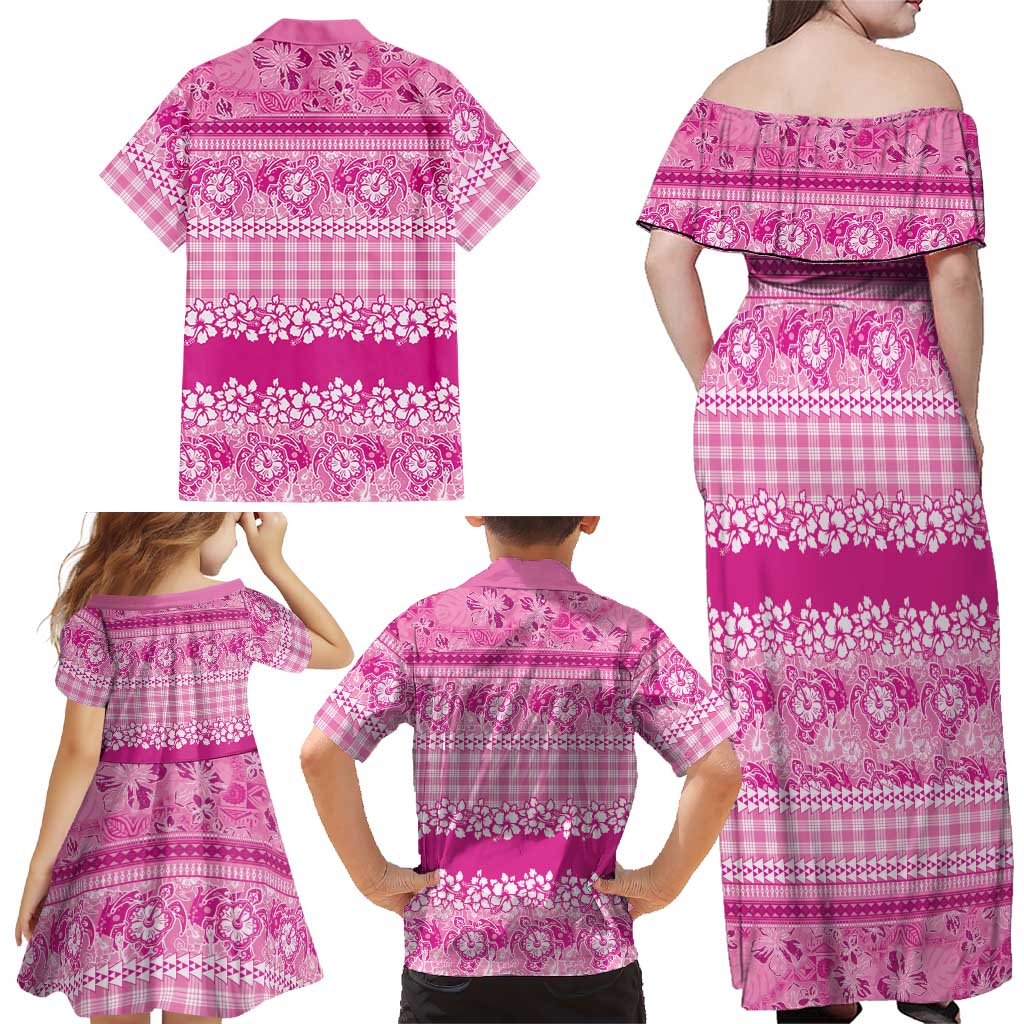 Hawaiian Hibiscus Honu Family Matching Off Shoulder Maxi Dress and Hawaiian Shirt Pink Mele Kalikimaka Palaka Spirit LT9 - Polynesian Pride