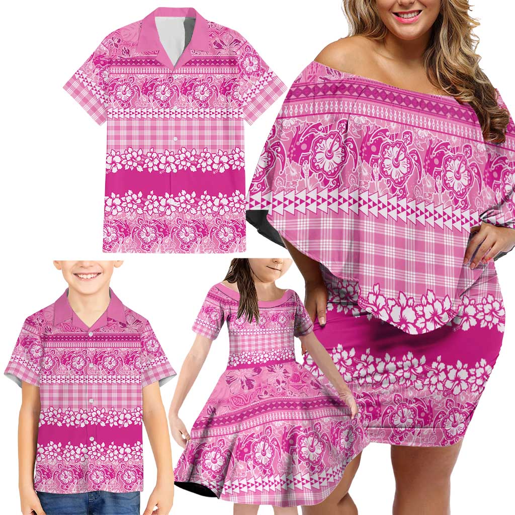 Hawaiian Hibiscus Honu Family Matching Off Shoulder Short Dress and Hawaiian Shirt Pink Mele Kalikimaka Palaka Spirit - Polynesian Pride
