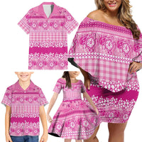 Hawaiian Hibiscus Honu Family Matching Off Shoulder Short Dress and Hawaiian Shirt Pink Mele Kalikimaka Palaka Spirit LT9 - Polynesian Pride