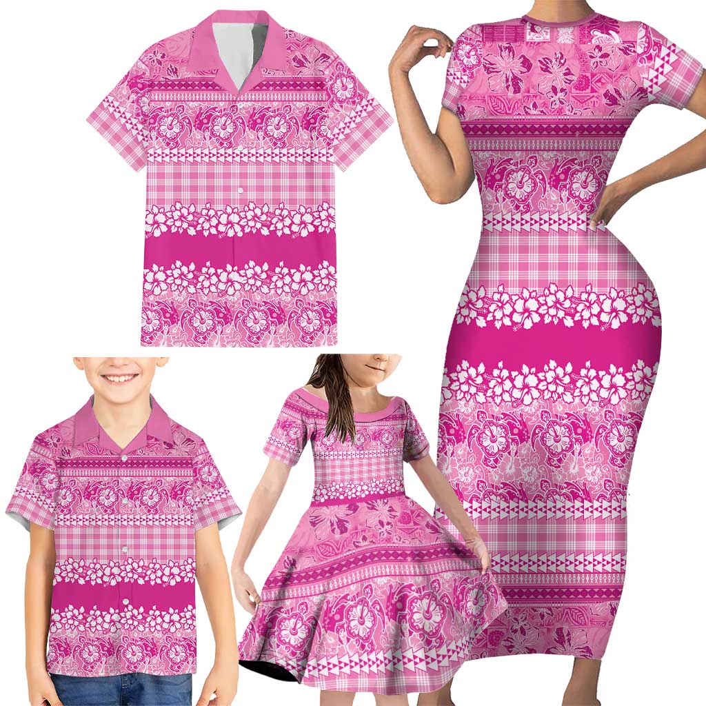 Hawaiian Hibiscus Honu Family Matching Short Sleeve Bodycon Dress and Hawaiian Shirt Pink Mele Kalikimaka Palaka Spirit - Polynesian Pride