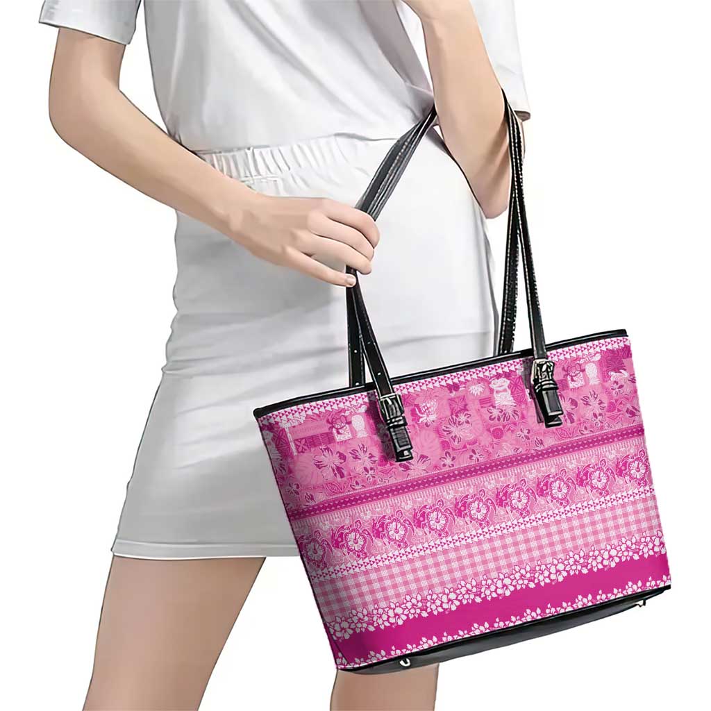 Hawaiian Hibiscus Honu Leather Tote Bag Pink Mele Kalikimaka Palaka Spirit - Polynesian Pride