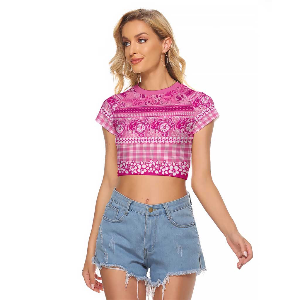 Hawaiian Hibiscus Honu Raglan Cropped T Shirt Pink Mele Kalikimaka Palaka Spirit - Polynesian Pride
