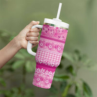 Hawaiian Hibiscus Honu Tumbler With Handle Pink Mele Kalikimaka Palaka Spirit - Polynesian Pride