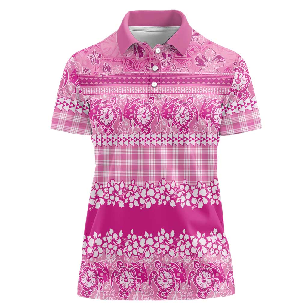 Hawaiian Hibiscus Honu Women Polo Shirt Pink Mele Kalikimaka Palaka Spirit - Polynesian Pride