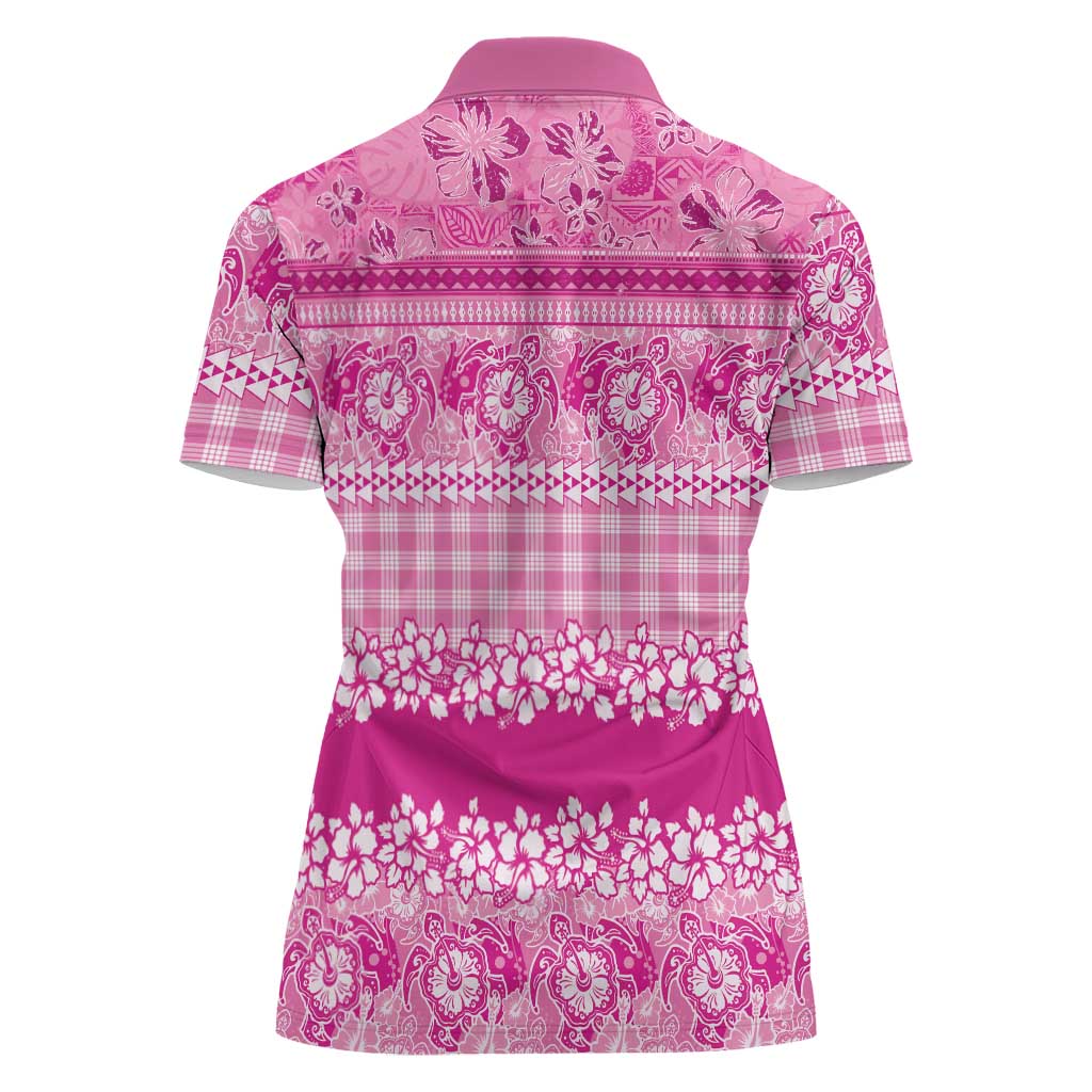 Hawaiian Hibiscus Honu Women Polo Shirt Pink Mele Kalikimaka Palaka Spirit - Polynesian Pride