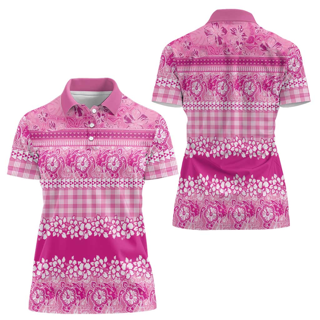 Hawaiian Hibiscus Honu Women Polo Shirt Pink Mele Kalikimaka Palaka Spirit - Polynesian Pride
