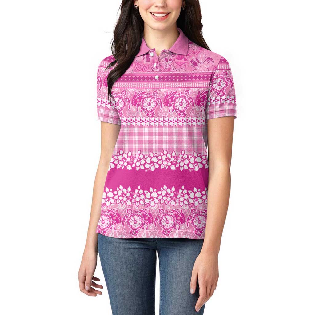 Hawaiian Hibiscus Honu Women Polo Shirt Pink Mele Kalikimaka Palaka Spirit - Polynesian Pride