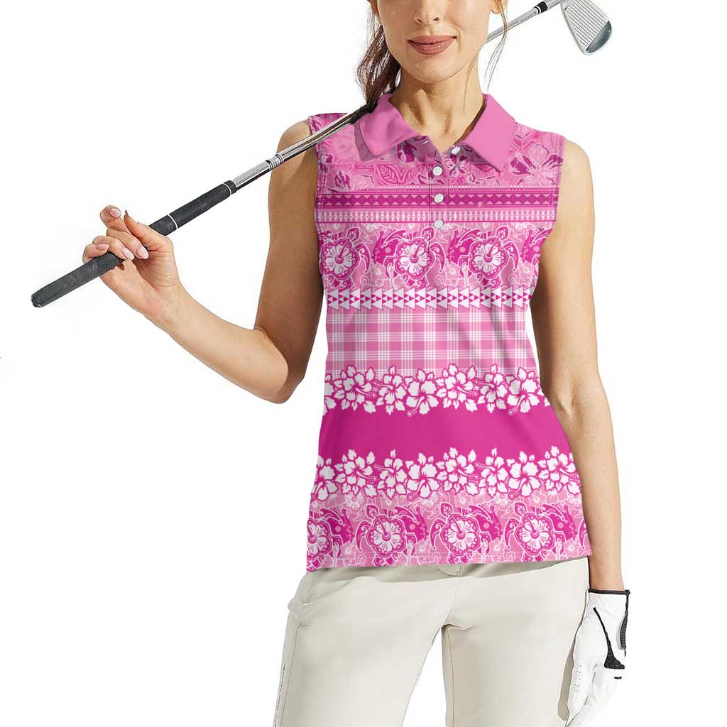 Hawaiian Hibiscus Honu Women Sleeveless Polo Shirt Pink Mele Kalikimaka Palaka Spirit LT9 - Polynesian Pride