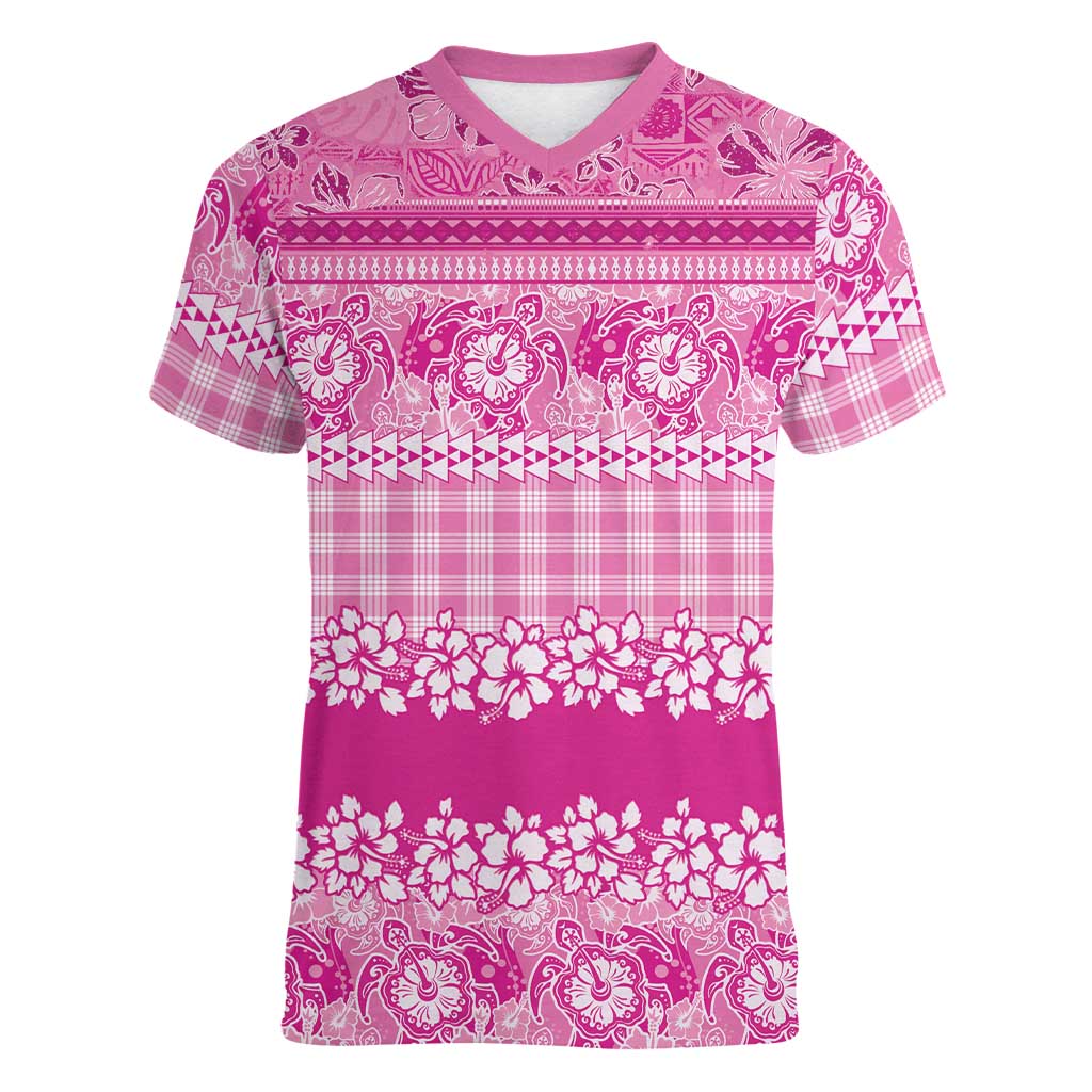 Hawaiian Hibiscus Honu Women V-Neck T-Shirt Pink Mele Kalikimaka Palaka Spirit - Polynesian Pride