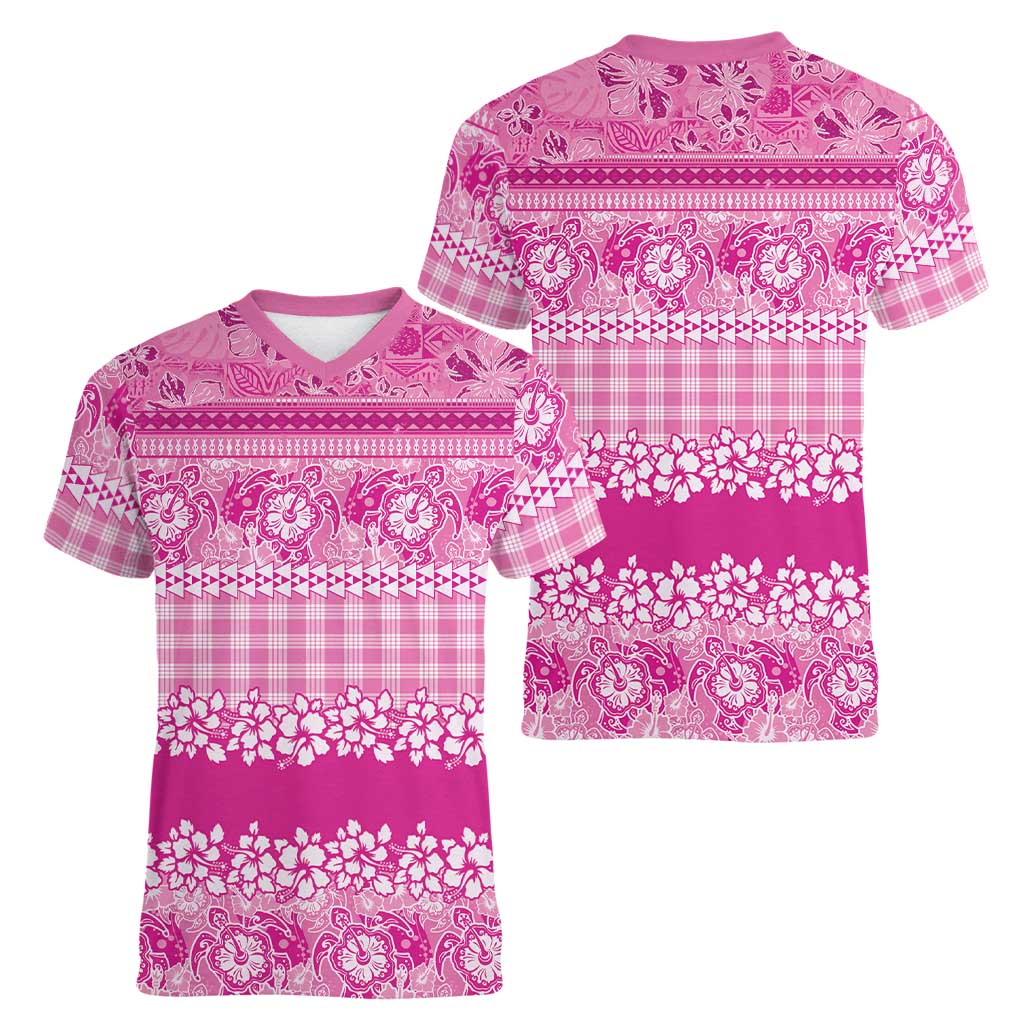 Hawaiian Hibiscus Honu Women V-Neck T-Shirt Pink Mele Kalikimaka Palaka Spirit LT9 - Polynesian Pride