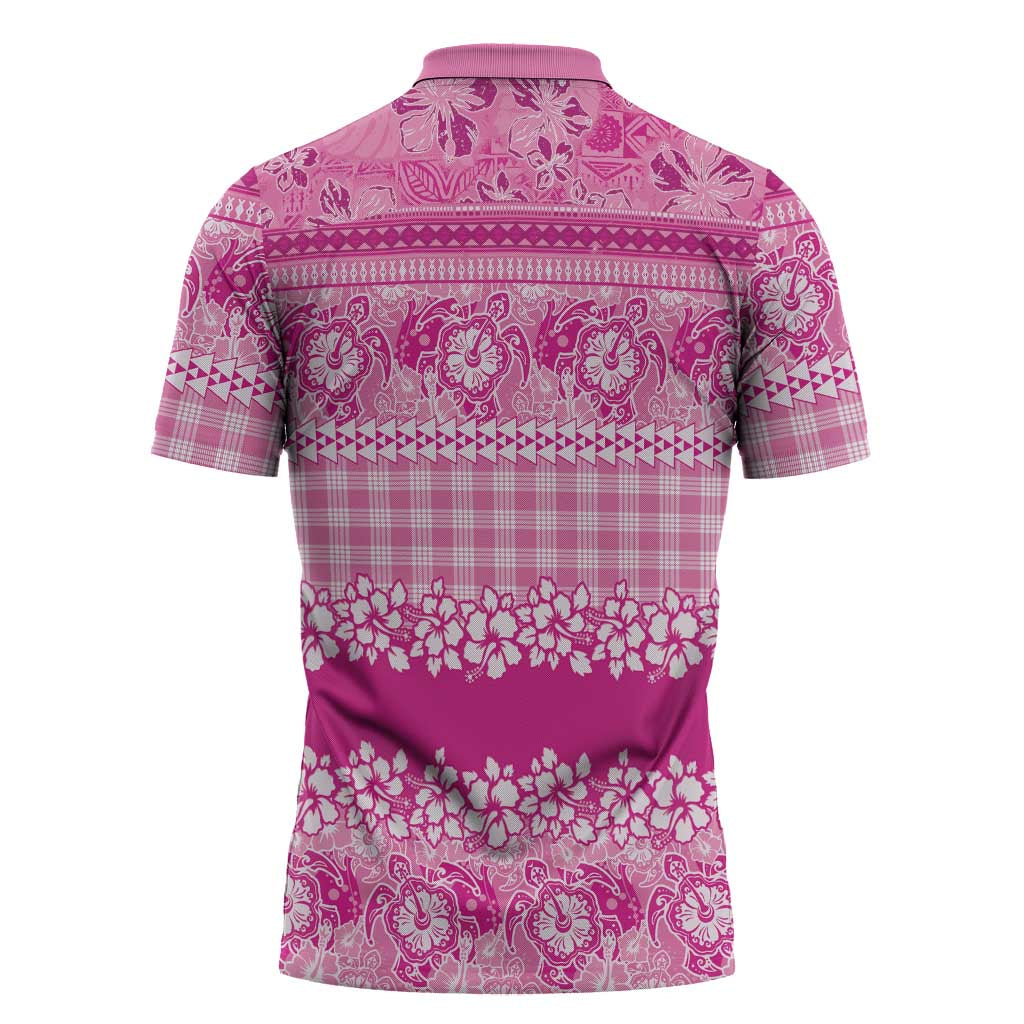 Hawaiian Hibiscus Honu Zipper Polo Shirt Pink Mele Kalikimaka Palaka Spirit - Polynesian Pride